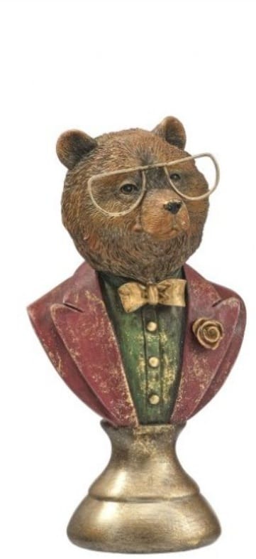 Resin bear bust figurine wearing glasses and red blazer on gold pedestal