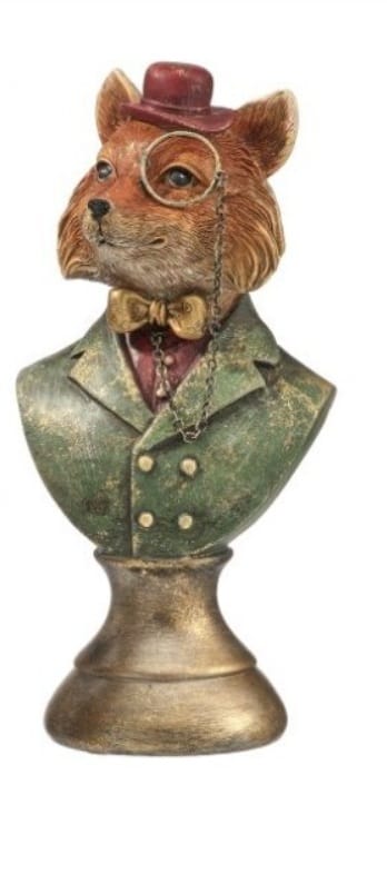 Resin fox bust figurine wearing green coat, red hat, monocle, and gold bow tie