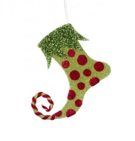 Green glitter elf boot ornament with red polka dots and curled toe