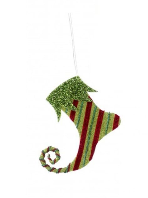 Glitter green and red striped elf boot Christmas ornament with curled toe