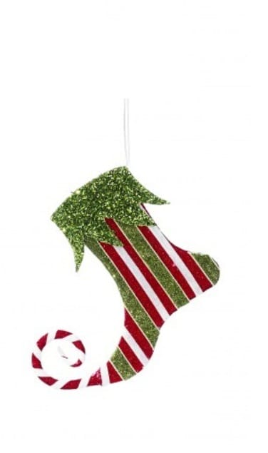 Glitter red white striped elf boot ornament with green cuff and curled toe