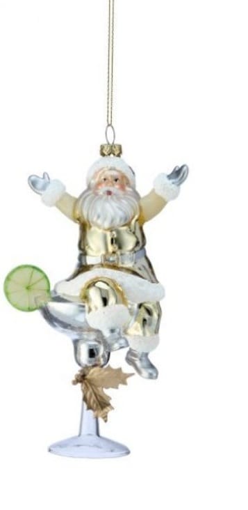 Glass Santa Claus sitting on martini glass with lime slice ornament