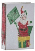 Glittery cardboard music box book featuring Santa Claus jack-in-the-box with holiday sign