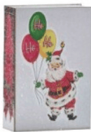 Santa Claus holding colorful balloons on a decorative cardboard music box book