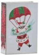 Cardboard music box book with parachuting Santa Claus holiday Christmas design