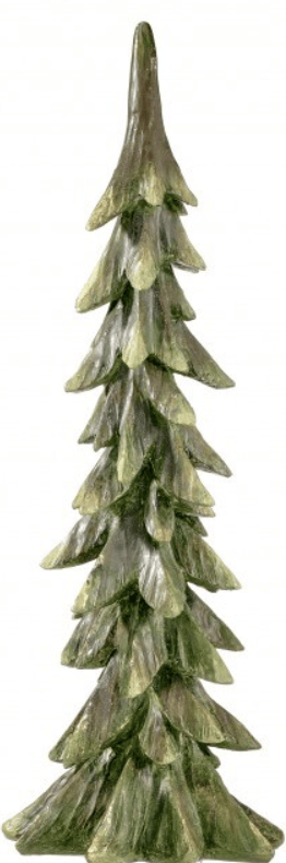 Tall resin antique-finish green evergreen Christmas tree figurine with layered branches