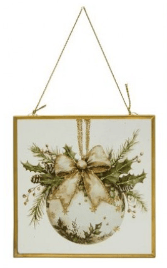 Gold-framed glass ornament art with holly, bow, and pine accents