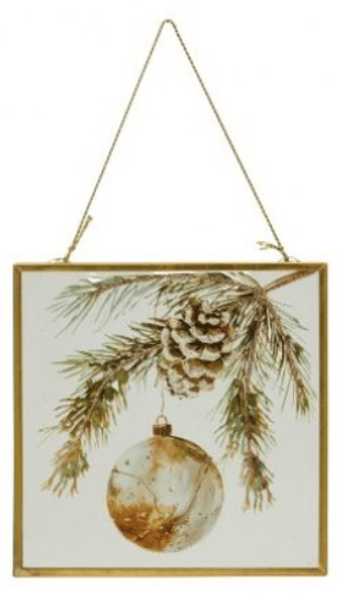 Gold glass frame with pine branch, pinecone, and ornament watercolor art