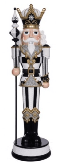 19-inch black and white striped royal nutcracker figurine with gold crown and staff
