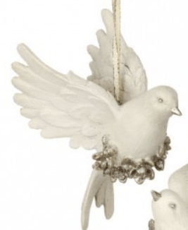 White resin dove ornament with spread wings holding silver bell wreath
