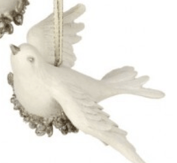 White resin dove ornament with silver glitter wreath accent and gold ribbon hanger