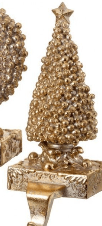 Gold resin Christmas tree stocking holder with berry texture and star topper