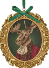 Gold ornate framed resin moose bust ornament with red jacket and green ribbon