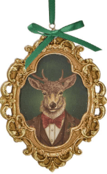 Gold ornate oval framed resin deer bust ornament with green ribbon bow