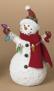 White resin snowman figurine with red hat, scarf, and colorful Christmas lights
