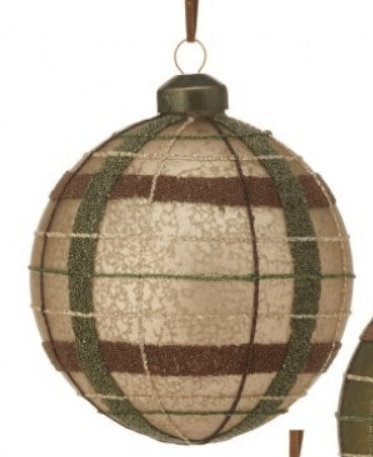 Matte cream glass ball ornament with green and brown plaid stripe pattern