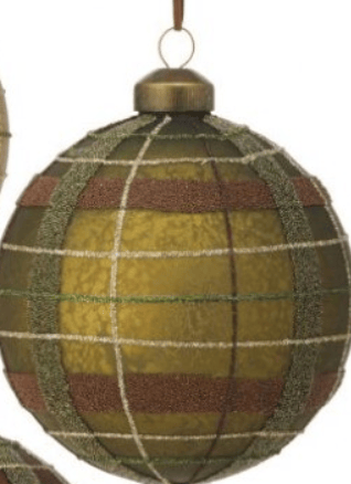 Matte olive green plaid glass ball Christmas ornament with glitter grid lines