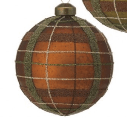 Matte orange glass ball ornament with green plaid pattern and gold cap