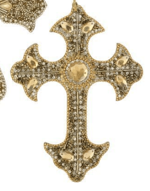 Gold jeweled cross ornament with rhinestones and faceted gems, ornate design