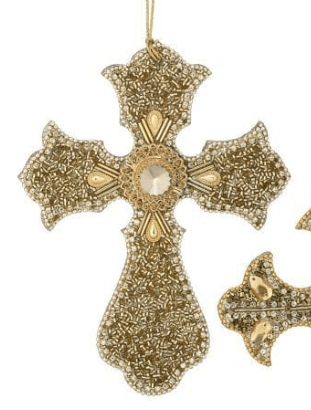 Gold beaded cross ornament with jeweled center and ornate fleur-de-lis tips