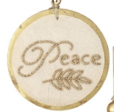 Round cream and gold MDF ornament with beaded Peace script and leaf design