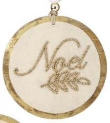 Round cream and gold MDF ornament with embroidered Noel text and leaf detail