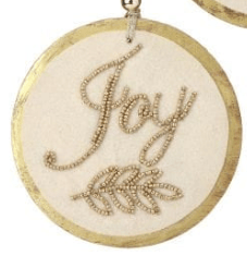 Round cream and gold MDF ornament with beaded Joy script and leaf detail