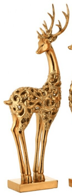 Gold resin deer figurine with ornate scroll cutwork body and antlers on square base