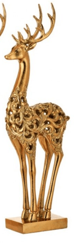 Gold resin deer figurine with ornate scroll body and antlers on rectangular base