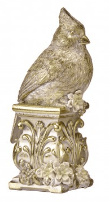 Gold resin cardinal bird perched on ornate floral pedestal figurine