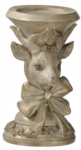 Silver resin deer head candle holder with bow and antlers, decorative base