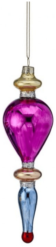 Glass finial ornament with magenta bulb, gold rings, blue spike, and red tip