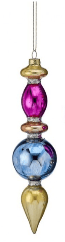 Glass finial ornament with gold, magenta, and blue reflective sections and silver glitter accents