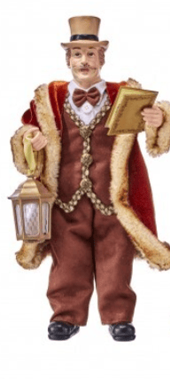 Male caroler figurine in red velvet suit holding lantern and songbook