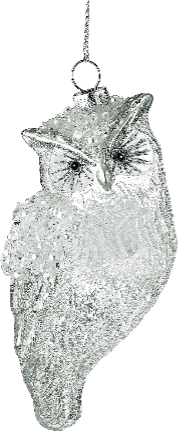 Frosted glass owl ornament in silver-white with textured icy finish and hanging loop