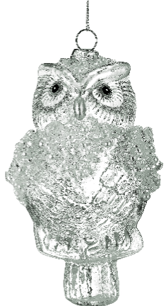 Silver glass owl Christmas ornament with ice crystal texture and black eyes