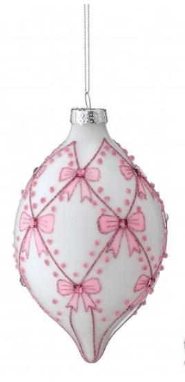 White glass finial ornament with pink bow and diamond lattice beaded pattern