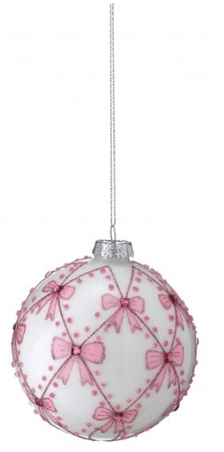 White glass ball ornament with pink bow and diamond lattice pattern