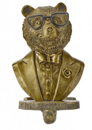 Gold resin bear bust stocking holder wearing glasses and tuxedo with bow tie