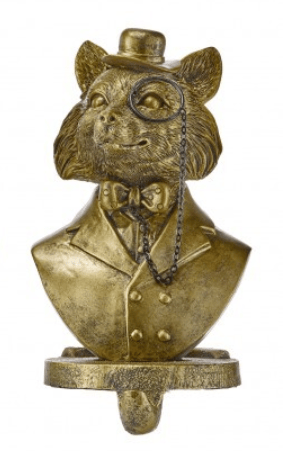 Gold resin gentleman cat bust stocking holder with monocle and top hat