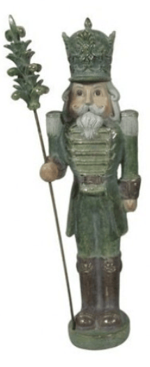 Antique green resin nutcracker figurine with crown, staff, and ornate uniform, 17.5 inch