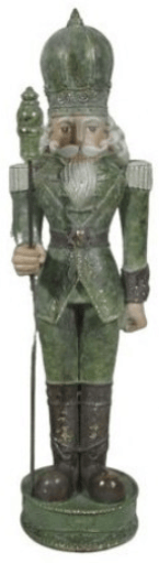 Green antique-style resin nutcracker figurine holding scepter, 17.5 inches tall