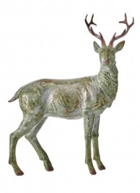 Antique green resin deer figurine with brown antlers, standing pose, aged patina finish
