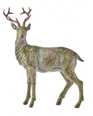 Antique green resin deer figurine with brown antlers, standing pose