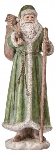 Antique-style resin Santa figurine in green robe with staff and toy sack