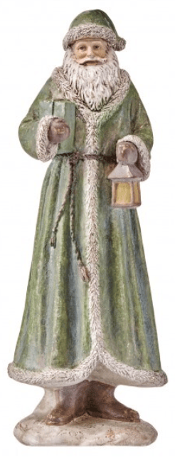 Antique-style resin Santa figurine in green robe holding two lanterns