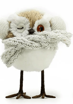 White fluffy owl figurine wearing gray knit scarf and cream hat