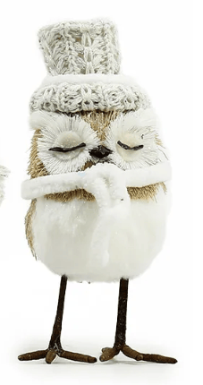 White fluffy owl figurine wearing knit top hat, crossed wings, twig legs