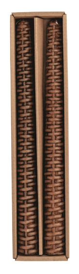 Two brown woven-texture taper candles in a kraft cardboard gift box
