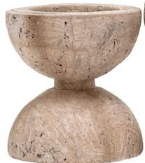 Kavana Alodia travertine stone candleholder in hourglass shape, beige neutral tones